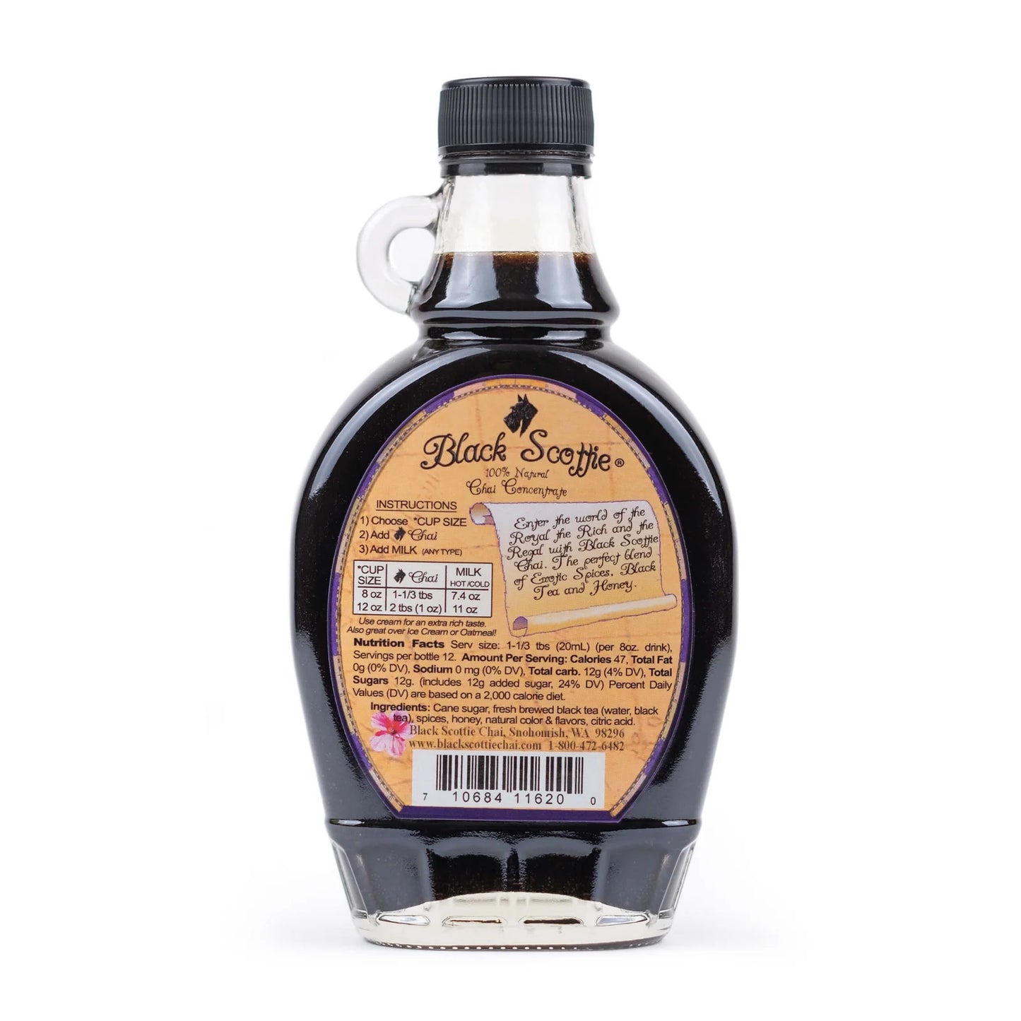 Bottle of 8oz Black Scotte Chai with label on a white background