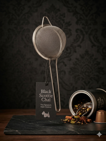 Tea strainer with a black stand and 'Black Scottie Chai' label on a dark background