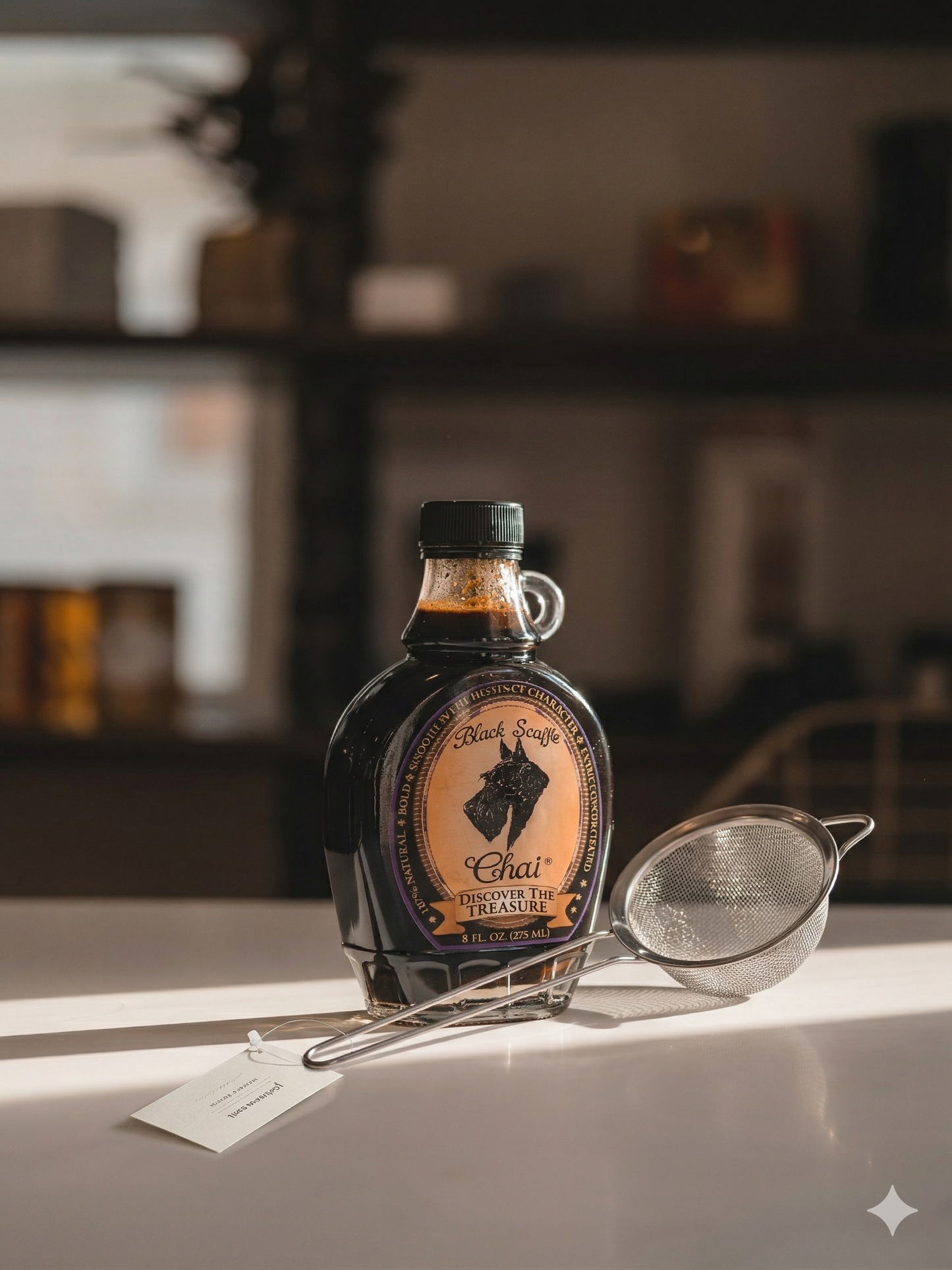 Bottle of Black Scottie Chai and strainer.