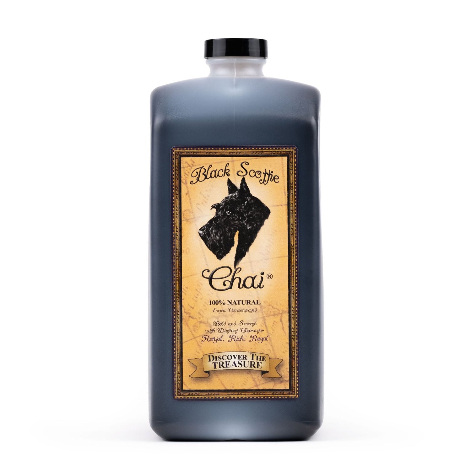 64oz Bottle of Black Scottie Chai with a label featuring a dog illustration on a white background