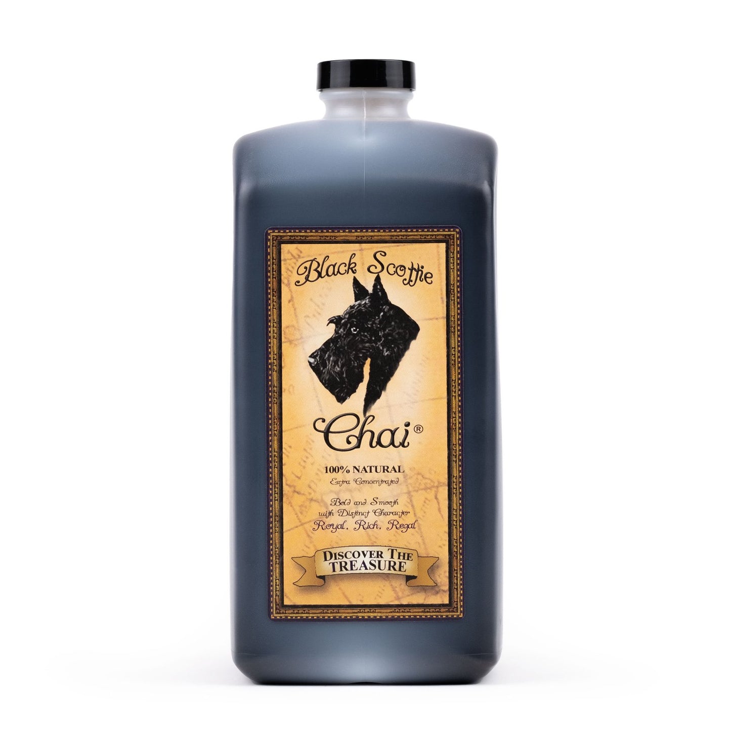 64oz Bottle of Black Scottie Chai with a label featuring a dog illustration on a white background
