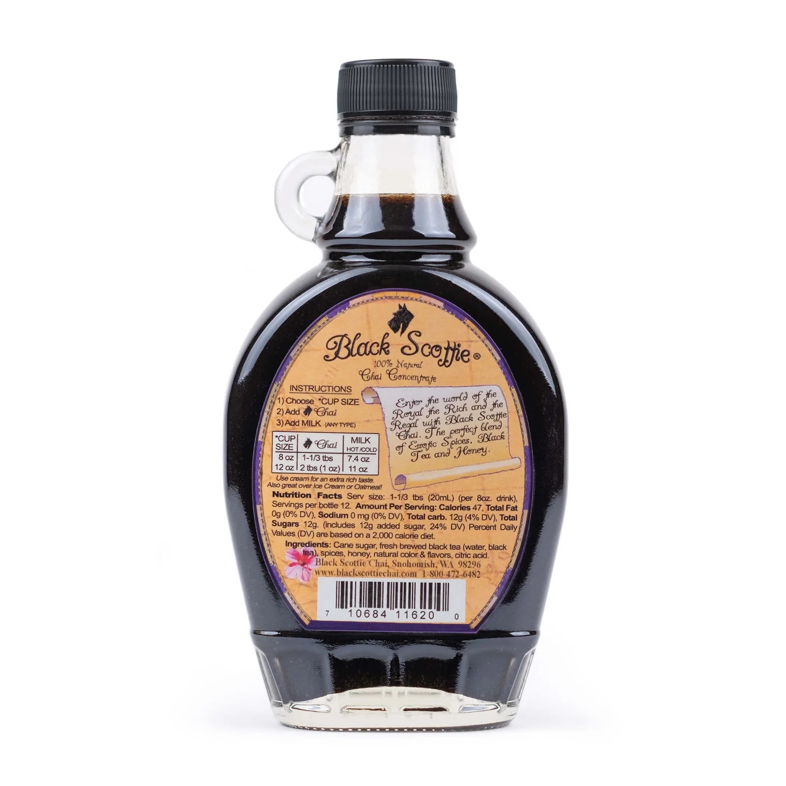Bottle of 8oz Black Scotte Chai with label on a white background