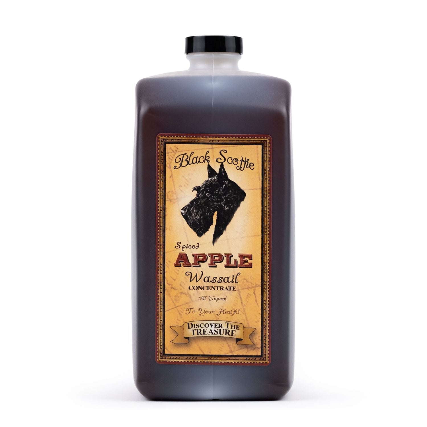64oz Bottle of Black Scottie Apple Wassail concentrate with a label on a white background