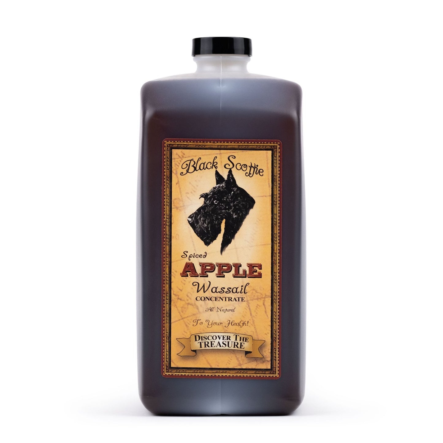 64oz Bottle of Black Scottie Apple Wassail concentrate with a label on a white background