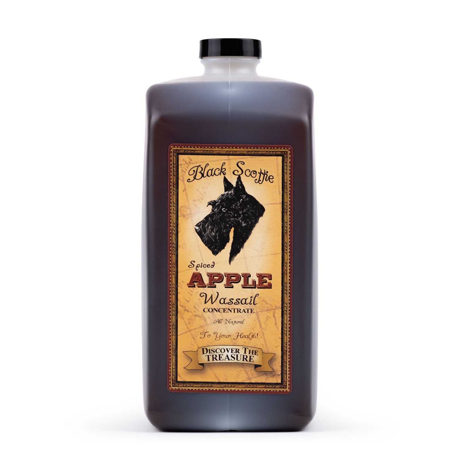 64oz Bottle of Black Scottie Apple Wassail concentrate with a label on a white background