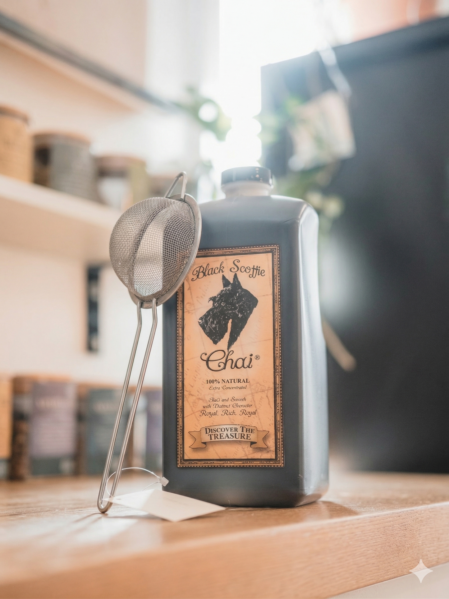 Black Scottie Chai bottle with strainer
