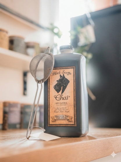 Black Scottie Chai bottle with strainer